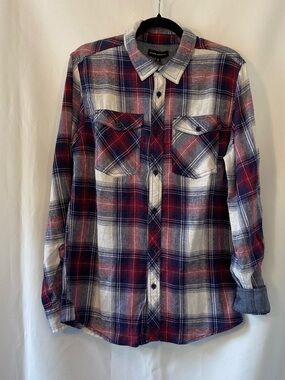 Silver Jeans Men's Navy Red Plaid Flannel Button Up Shirt SM Preppy Academia